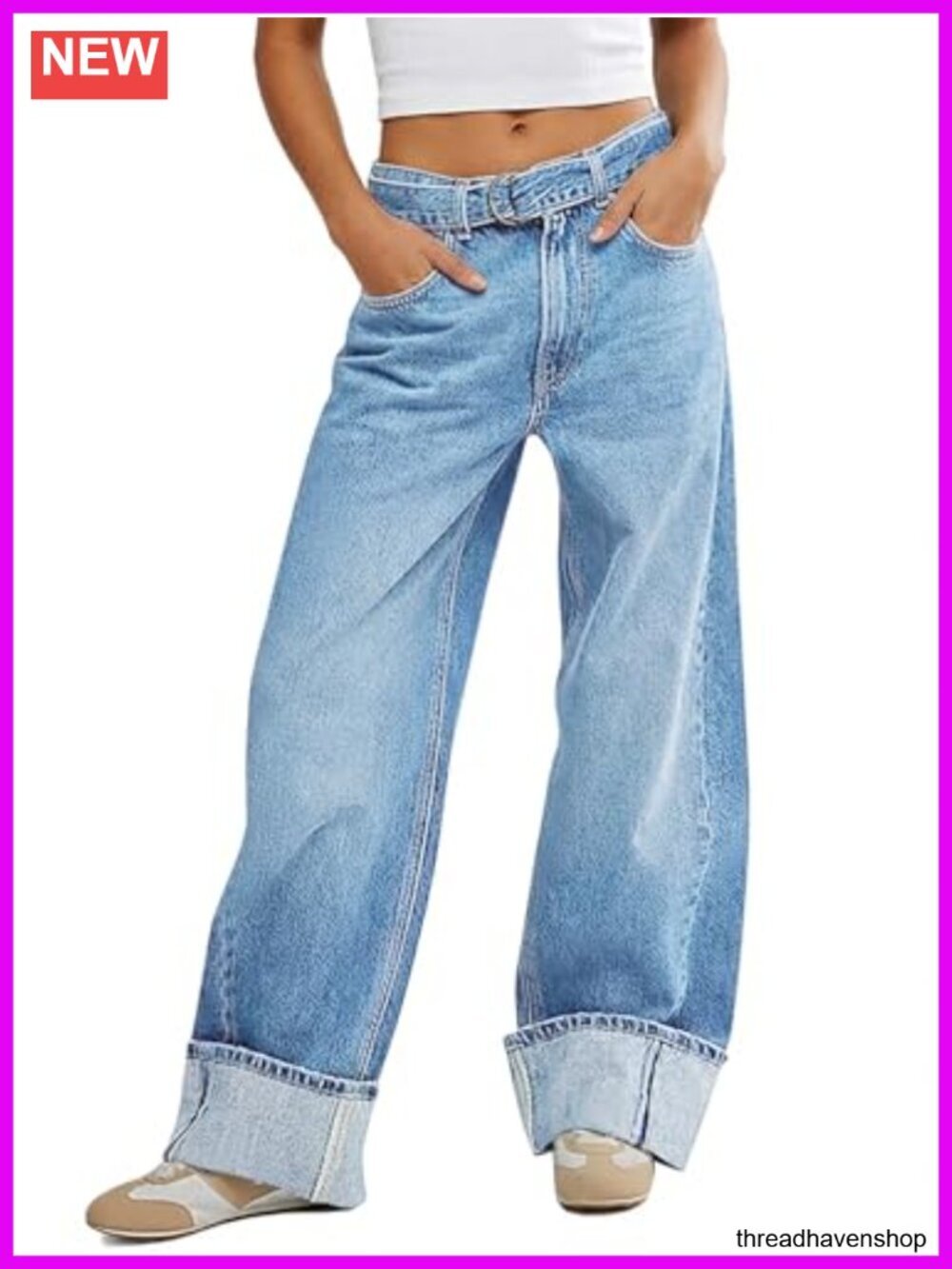 Wide Leg Cuffed Jeans High Waisted Baggy Denim Pants with Belt, Relaxed Fit